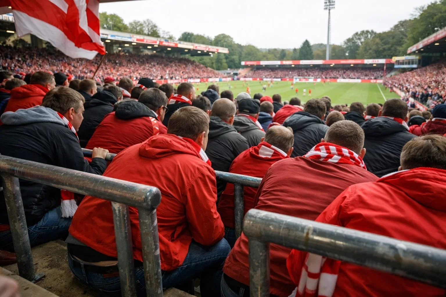 Union Berlin supporters standing on packed terraces at Alte Försterei stadium creating intimidating close-quarters atmosphere