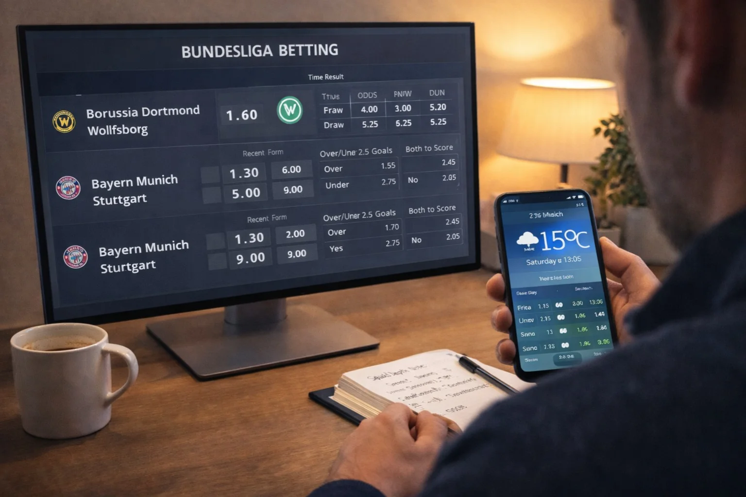 Person checking weather forecast while analyzing Bundesliga match betting options