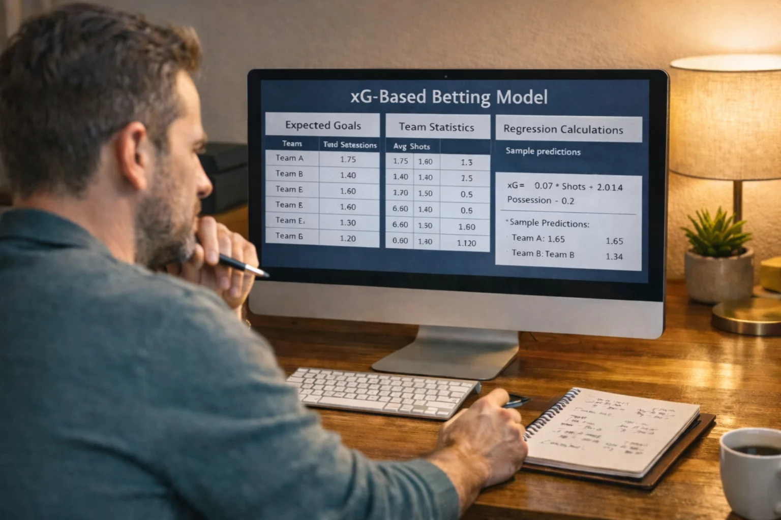 Person building expected goals betting model on computer with data spreadsheets