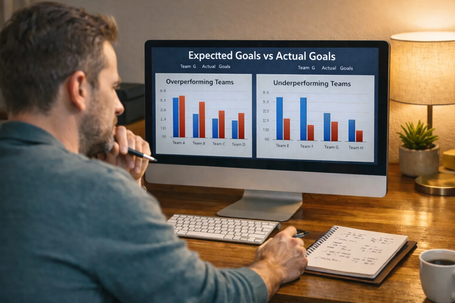 Data analyst reviewing expected goals versus actual goals performance charts